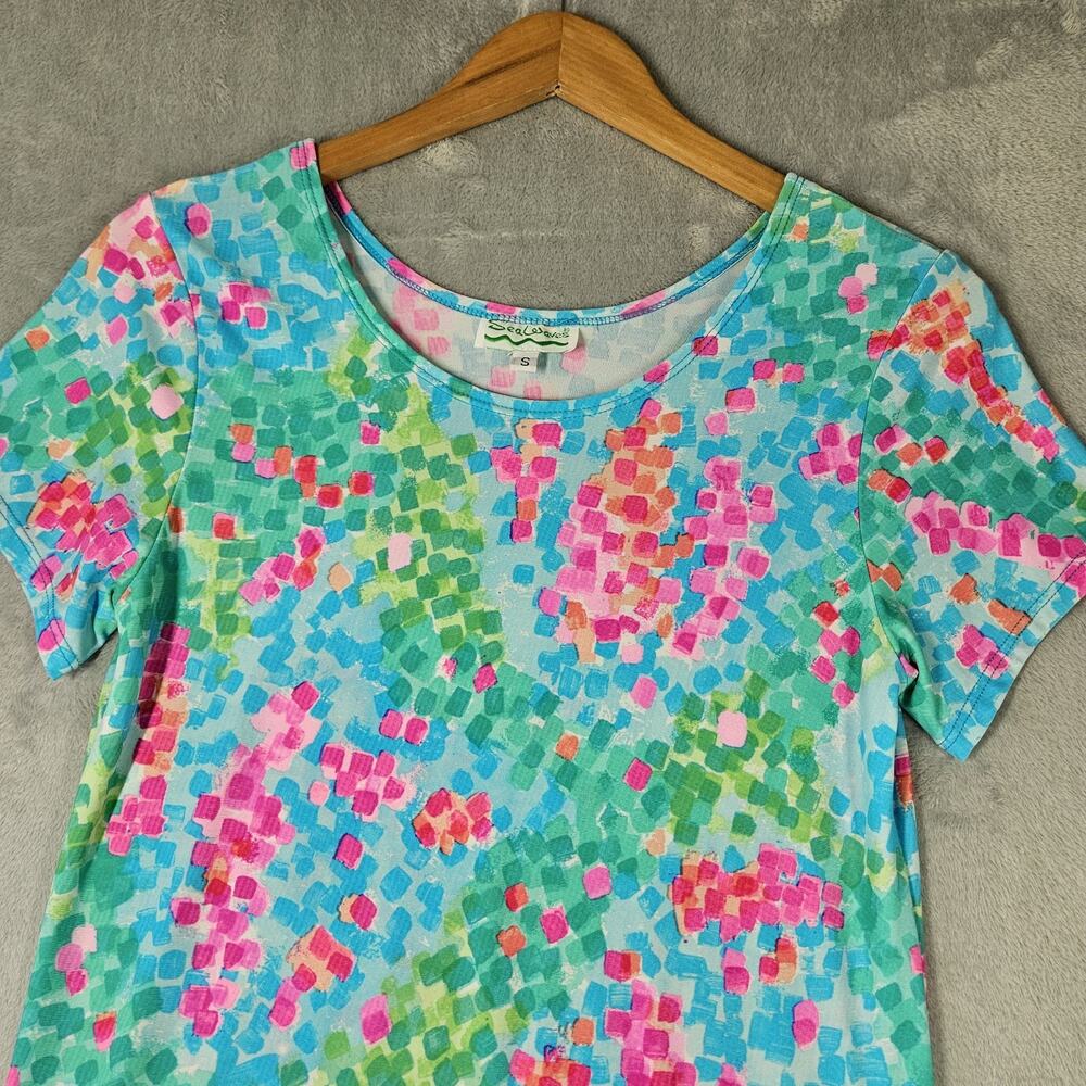 Sea Waves T Shirt Dress Womens Sz S Blue Pink Knee Length Beach Summer Vacation - Picture 2 of 10